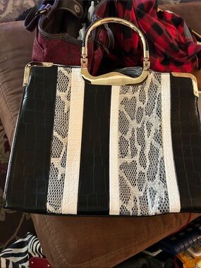 Black and White Striped Snake-Accent Tote Bag with Gold Handle.  Maybe used 5 ti